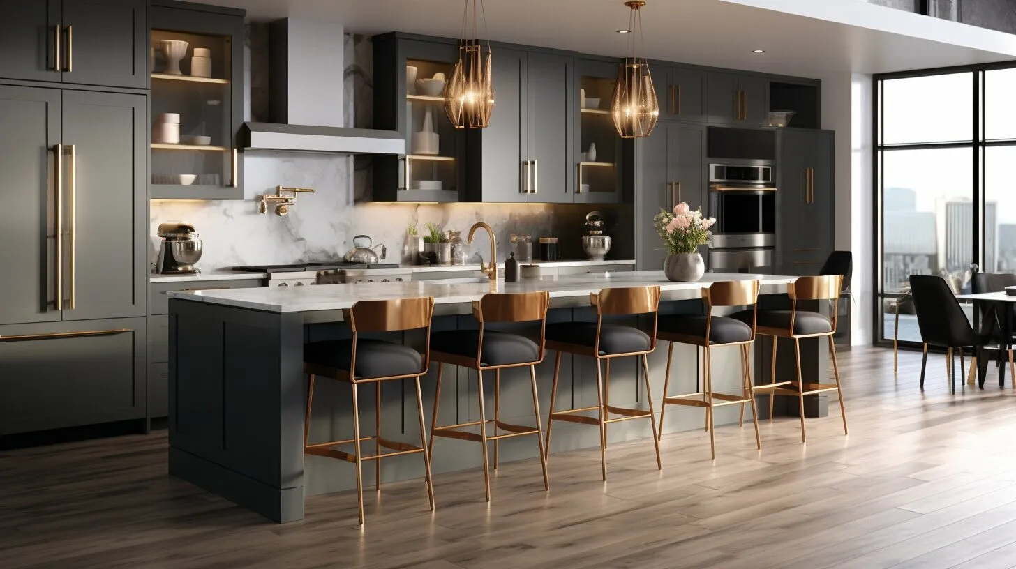 Modern luxury kitchen remodel by JTB Construction in Charleston SC featuring gray cabinetry, marble backsplash, stainless steel appliances, and bronze bar seating