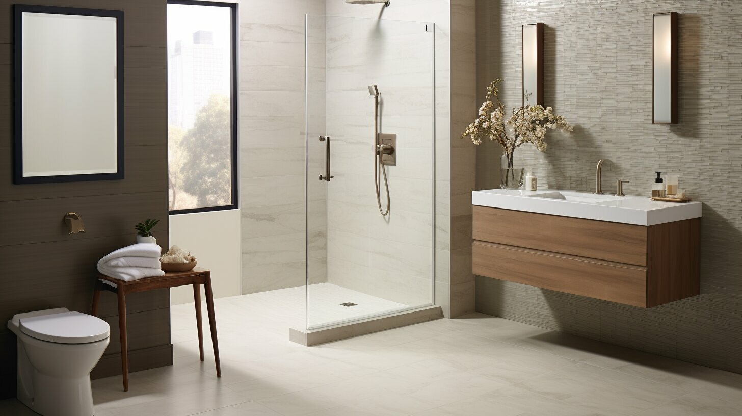 Modern bathroom remodel by JTB Construction in Charleston SC featuring floating wood vanity, white subway tile, glass shower enclosure, and neutral lighting