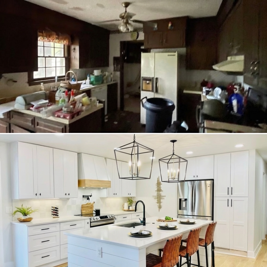 Before and after kitchen remodel by JTB Construction in Charleston SC showing transformation from dark dated kitchen to bright modern white cabinetry with stainless steel appliances