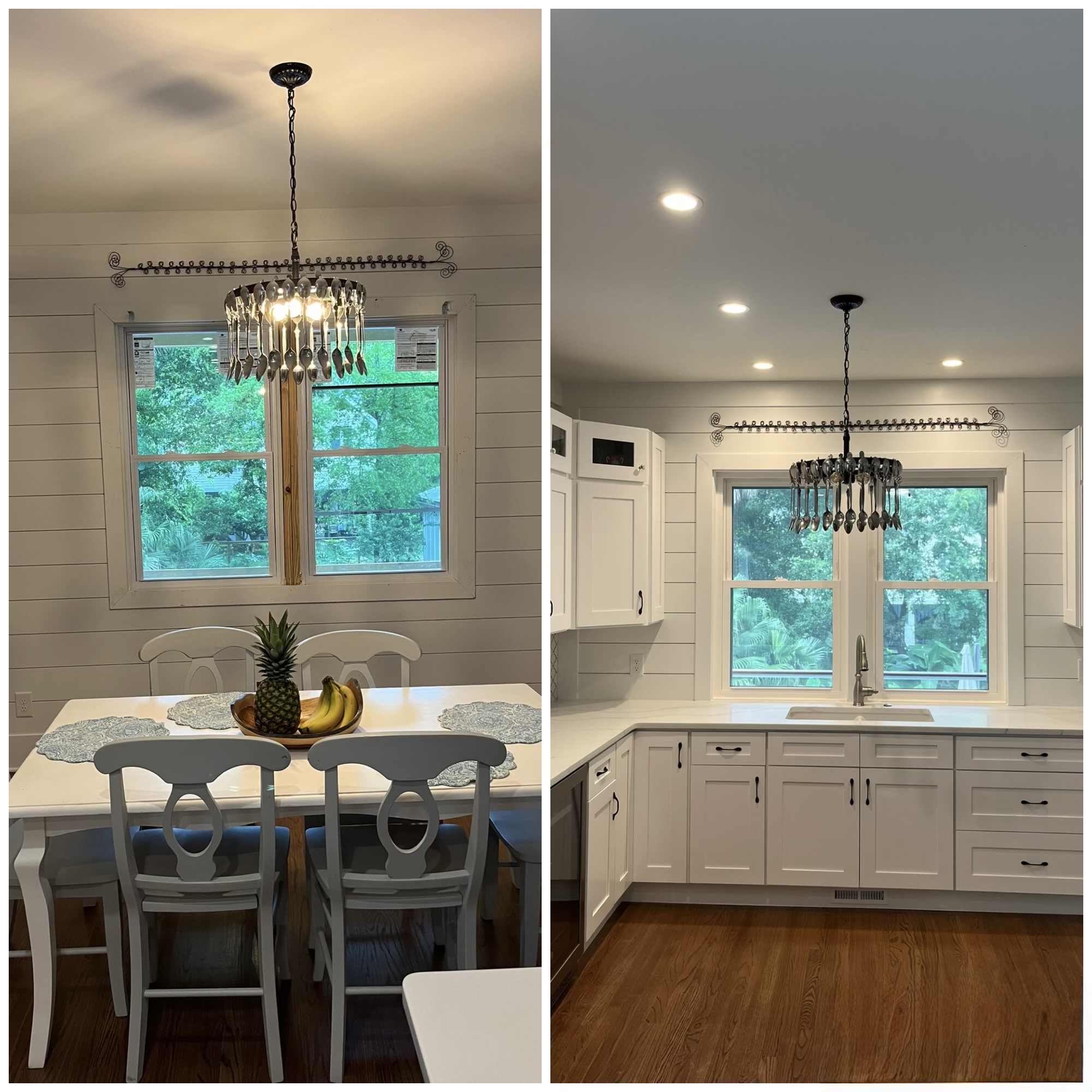 Modern kitchen and dining room remodel by JTB Construction in Charleston SC, featuring white cabinetry, large windows, hardwood floors, and decorative pendant lighting