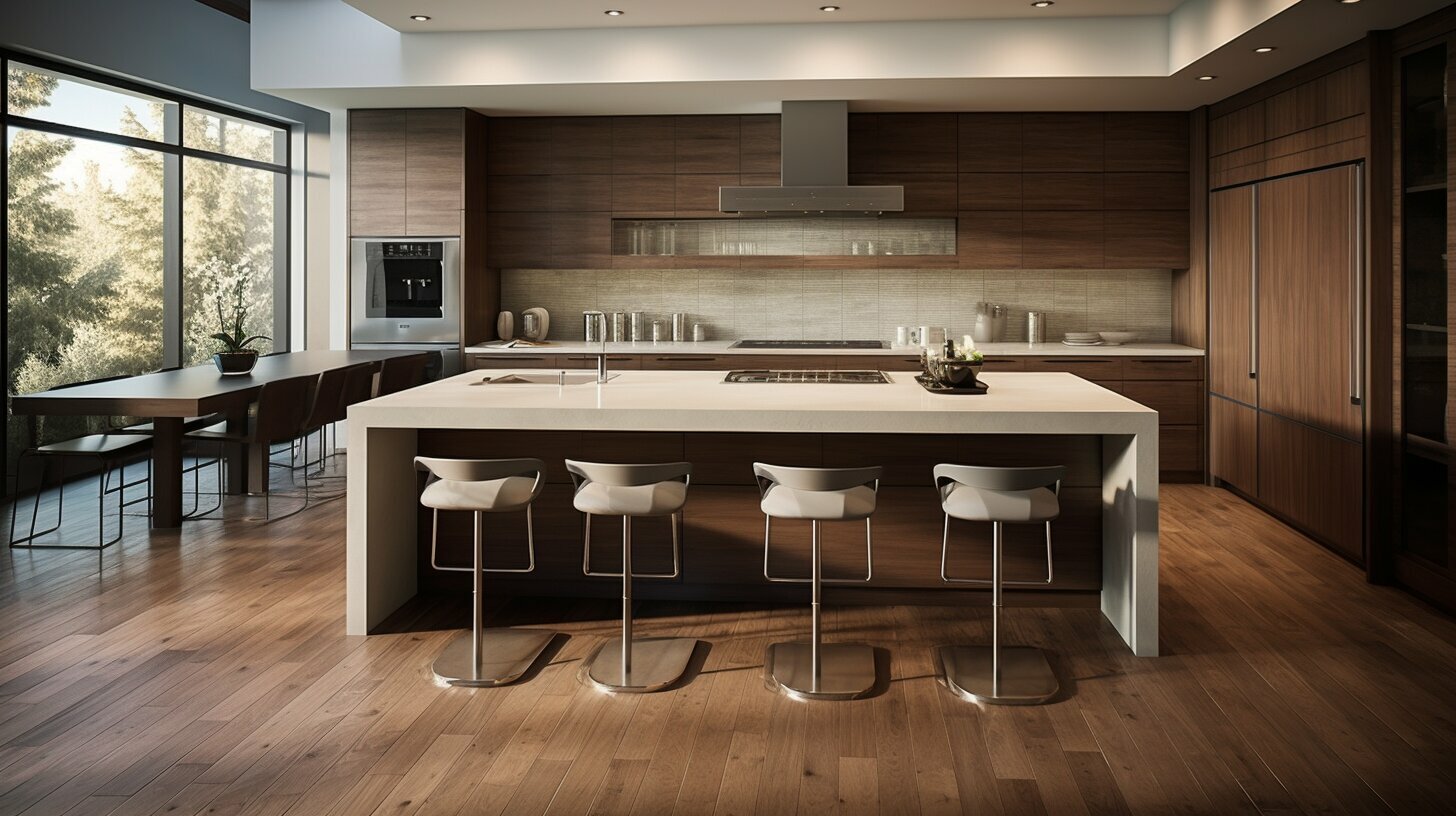 Modern kitchen remodel by JTB Construction in Charleston SC featuring custom cabinetry, white quartz countertops, island seating, and premium appliances