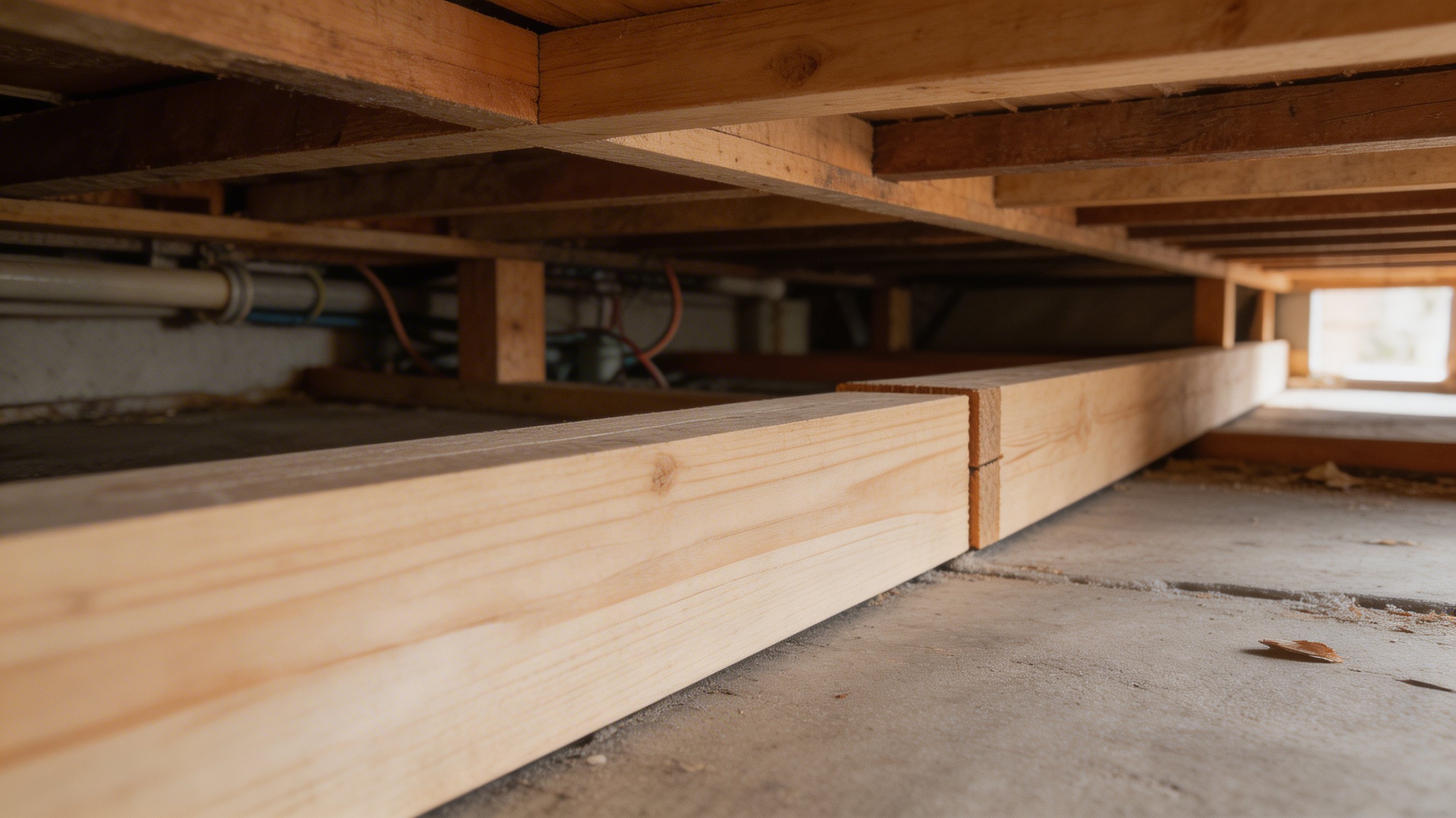 Professional crawlspace construction with wooden beam supports and concrete foundation by JTB Construction in Charleston SC