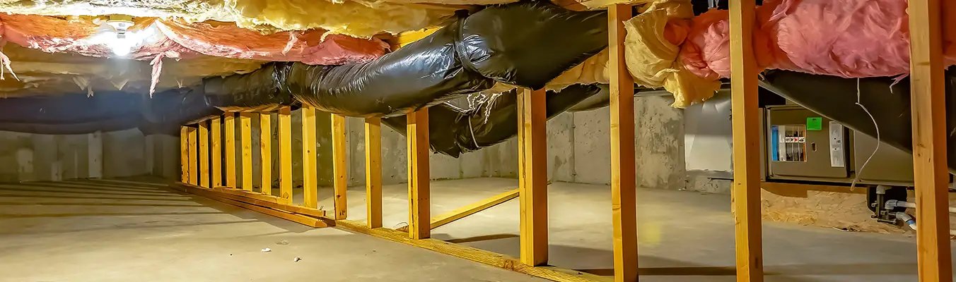 Professional crawlspace encapsulation project by JTB Construction in Charleston SC, showing vapor barrier installation and structural support beams