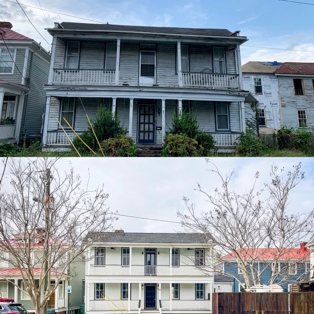 Before and after siding restoration project by JTB Construction in Charleston, SC showing exterior house renovation with new siding installation and water damage repair
