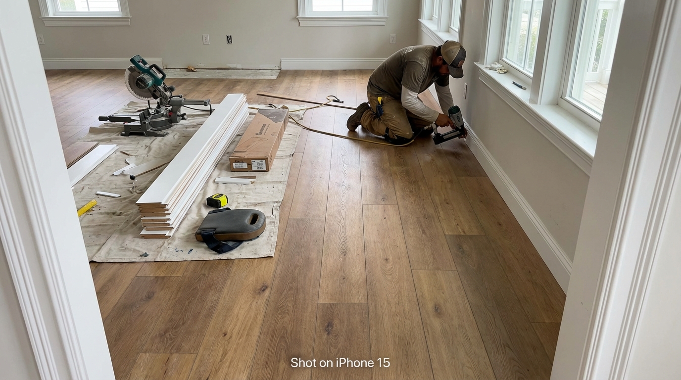 Professional hardwood flooring installation by JTB Construction in Charleston, SC - skilled worker installing wood plank flooring in residential home
