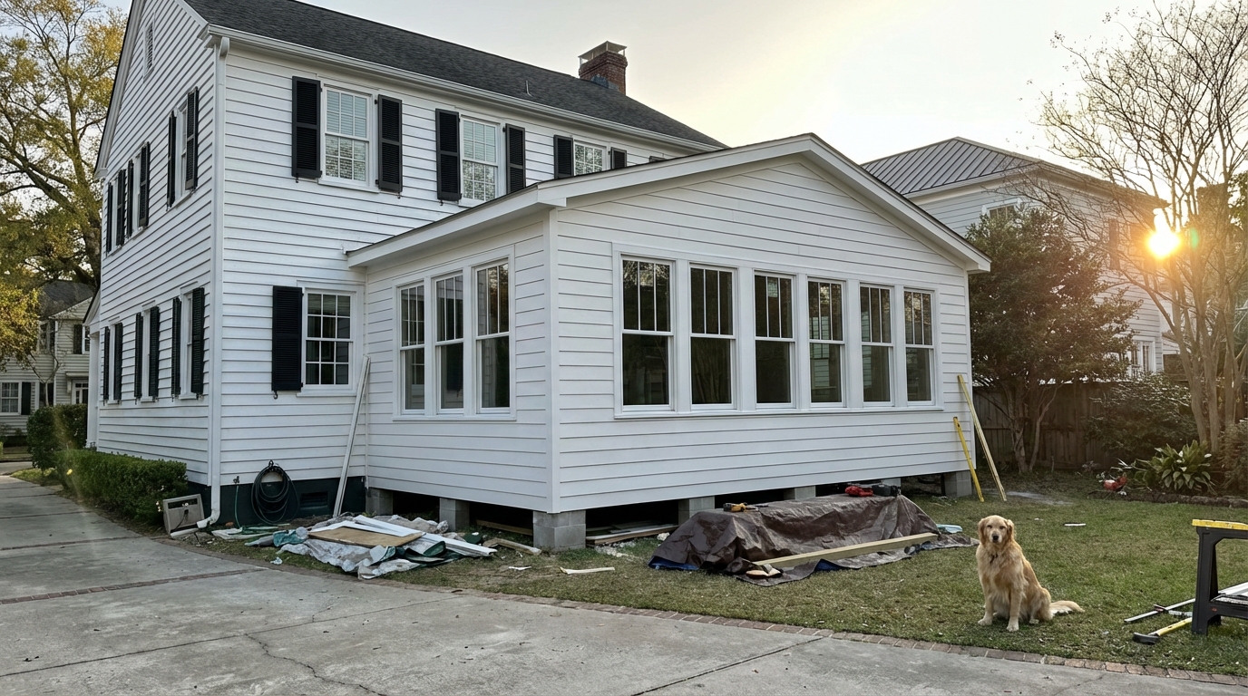 JTB Construction Charleston SC completed home addition with new white vinyl siding and multiple windows on residential house