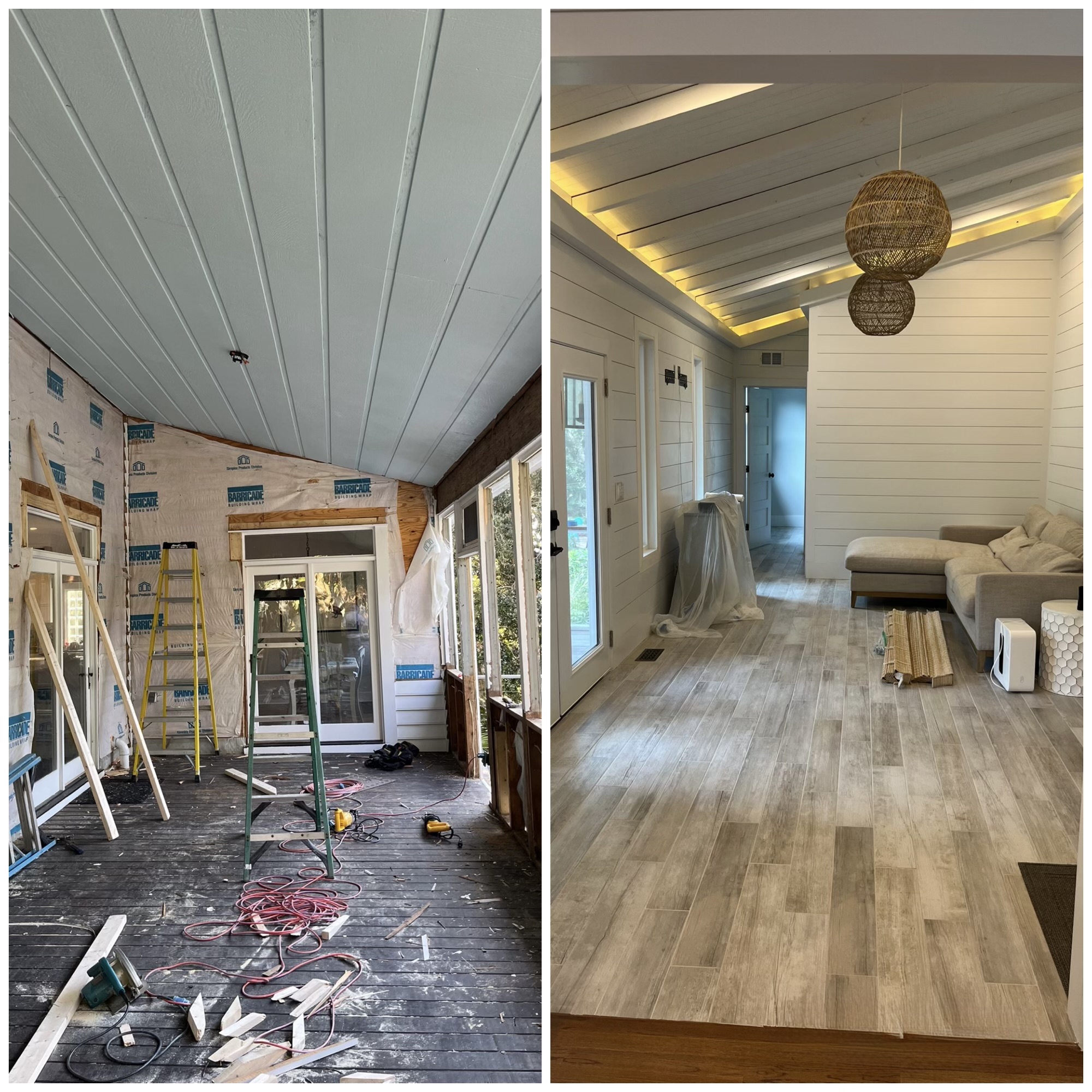 Before and after interior remodeling project by JTB Construction in Charleston SC showing unfinished construction space transformed into finished modern living area with shiplap walls, wood flooring, and ceiling details