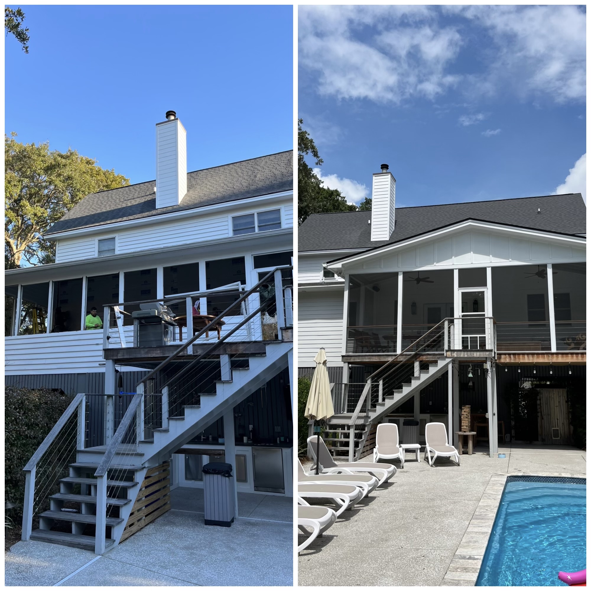 Before and after photos of a Charleston SC home renovation by JTB Construction, showing updated exterior siding, deck construction, and screened porch with pool area