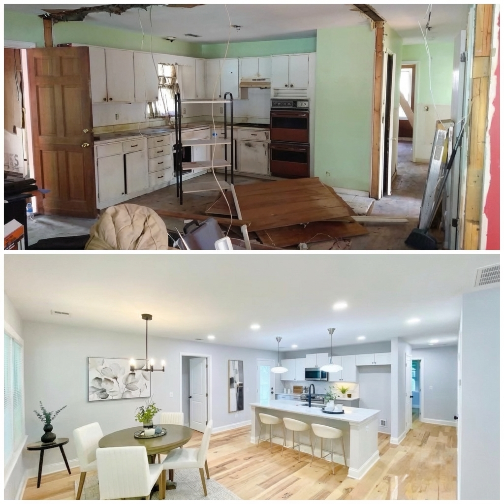 Kitchen remodel before and after transformation by JTB Construction in Charleston SC, showing updated white cabinetry, new flooring, and modern island installation