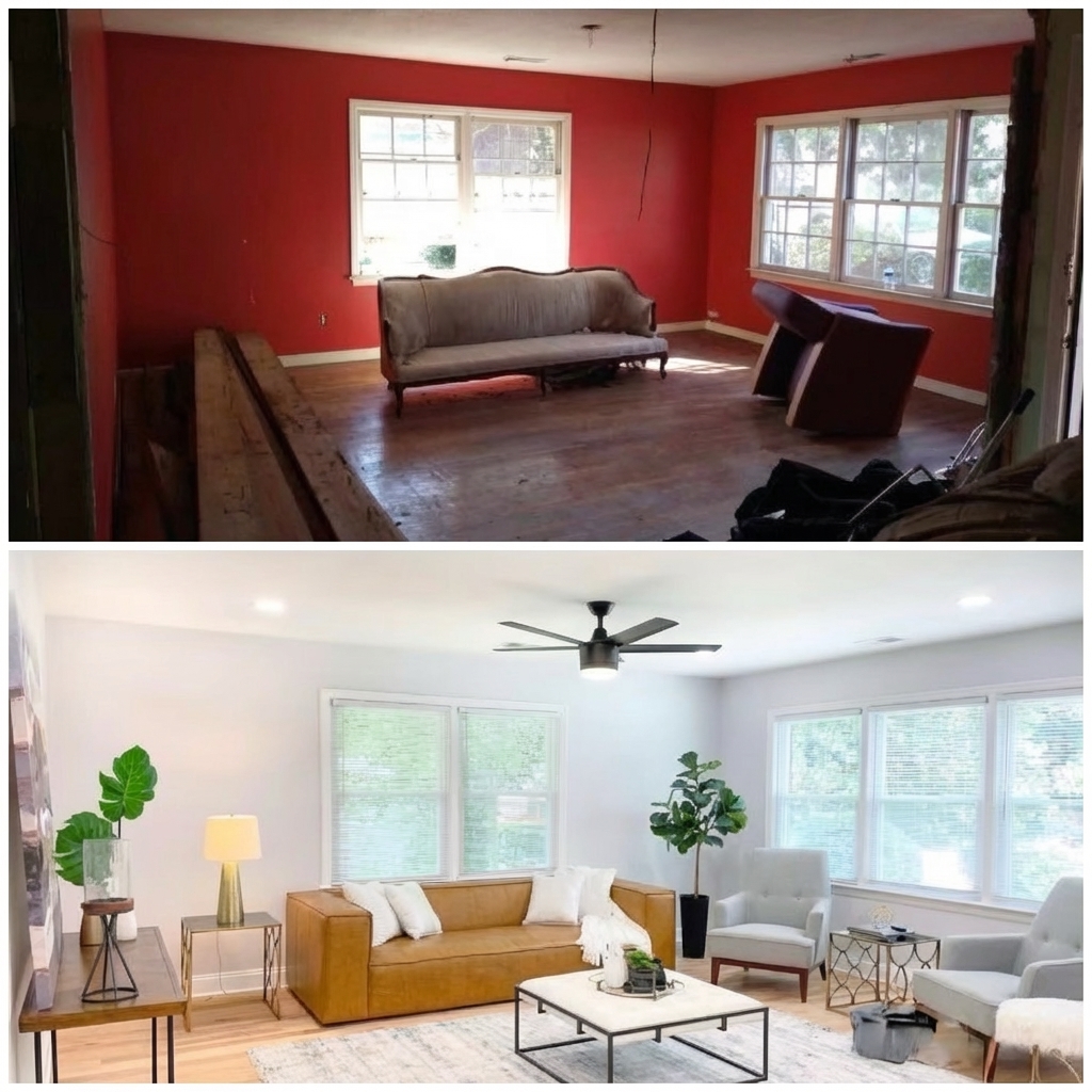 Before and after living room remodel by JTB Construction in Charleston SC showing red walls transformed to modern white design with new flooring, ceiling fan, and furniture