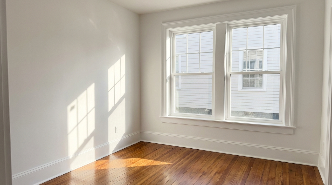 Professional window replacement project by JTB Construction in Charleston, SC featuring newly installed double-hung windows with white trim in a bright, empty room with hardwood flooring